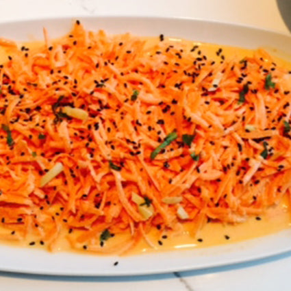 Moroccan-Style Shredded Carrot Salad with Lemon, Garlic and Labneh Dressing