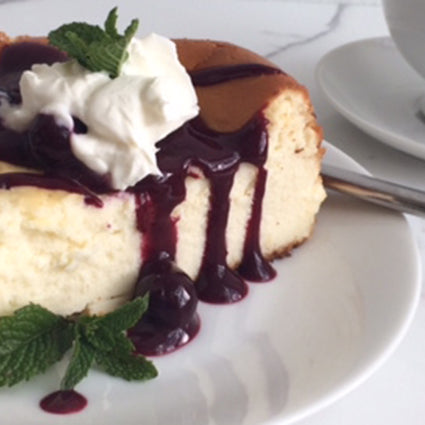 Spanish Cheesecake with Mixed Berry Sauce, Creme Fraiche and Fresh Mint