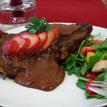 Image of Grilled Rib Eye Steaks with Strawberry-Chocolate-Chile Sauce & Strawberry-Asian Pear Arugula Salad