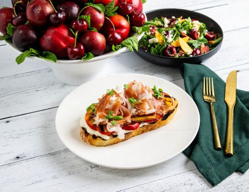 Image of Grilled Nectarine, Prosciutto and Burrata Toast