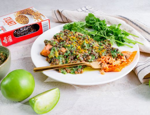 Broiled Salmon with Roasted Salsa Verde & Lentils