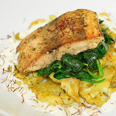 Image of Black Cod with Saffron Roasted Cauliflower, Spinach and Ginger Crème Fraîche