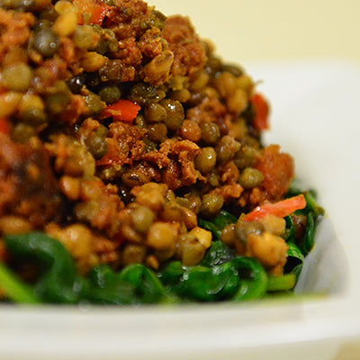 Image of Lentils with Wilted Spinach, Linguica Sausage and Red Bell Peppers