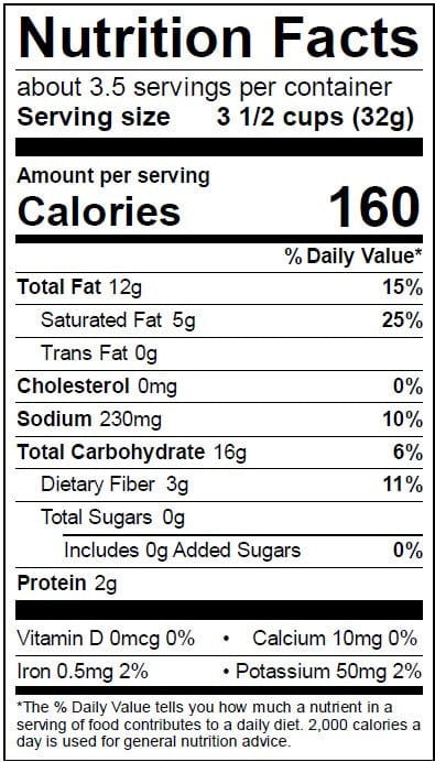 Image of  3 packages (3.9 Ounces each) Hatch Popcorn Nutrition Facts Panel