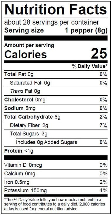 Image of  3 packages (8 Ounces each) Dried Hatch Peppers Nutrition Facts Panel