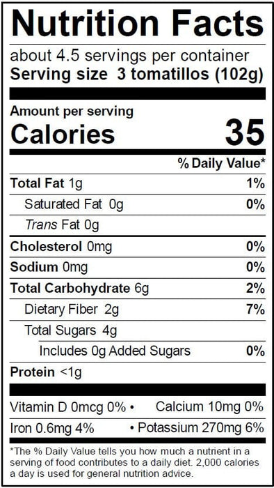 Image of  5 Pounds Tomatillos Nutrition Facts Panel