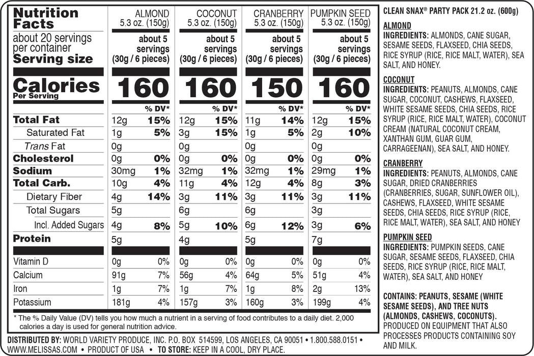Image of  21.2 Ounces Clean Snax<sup>®</sup> Party Pack with Chia and Flaxseed Nutrition Facts Panel and Ingredients