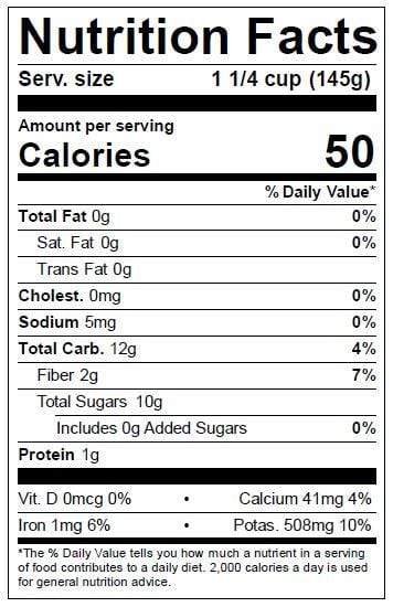 Image of  Orangetti Squash Nutrition Facts Panel