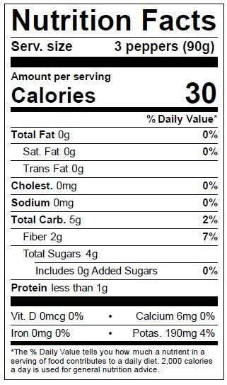 Image of  Organic Vine Sweet Mini Peppers Nutrition Facts Panel