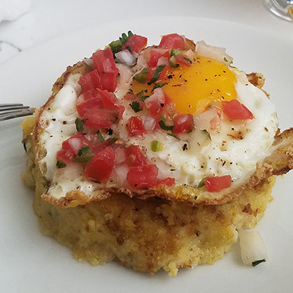 Roasted Green Chile Cheese Grits with Fried Organic Egg and Pico de Gallo Salsa