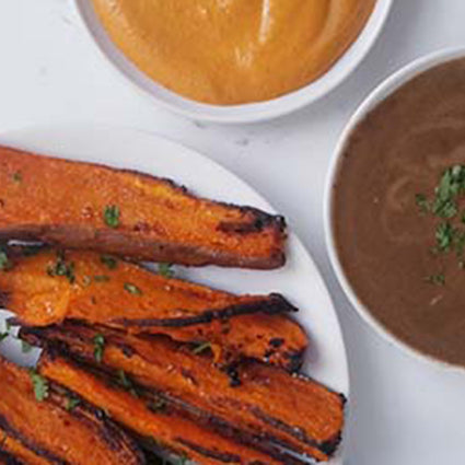 Roasted Sweet Potato Fries with 2 Dipping Sauces: Creamy Chipotle Aioli and Black Garlic Aioli