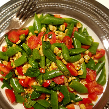 Image of Salad of Grilled Corn Snap Peas Red Bell Pepper and Grape Tomatoes in a White Balsamic & Honey Vinaigrette