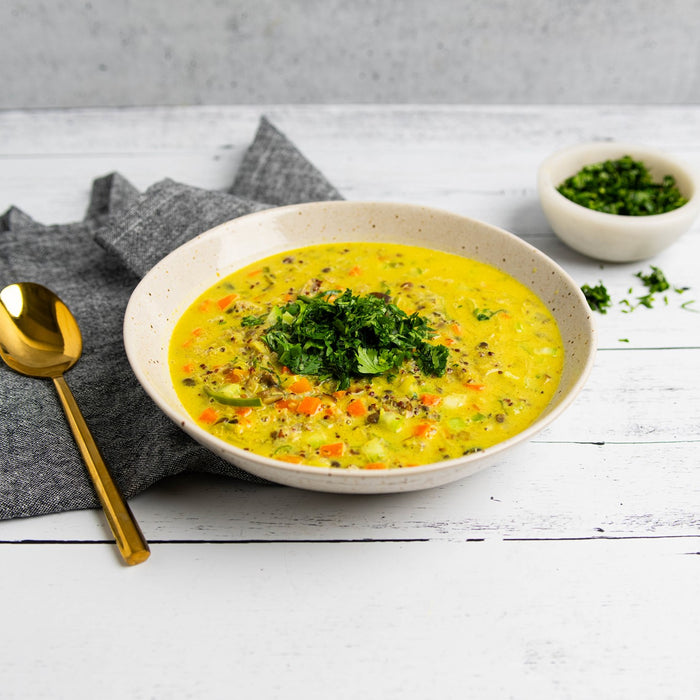 Image of Mushroom, Quinoa & Lentil Soup with Curried Coconut Milk