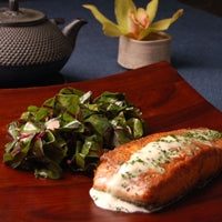 Image of Pan Seared Wild Salmon with Roasted Pistachio Oil Pear Vinegar and Tarragon