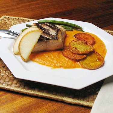 Image of Sautéed Black Cod with Roasted Sweet Potatoes, Papaya Sauce and Pickled Asian Pears