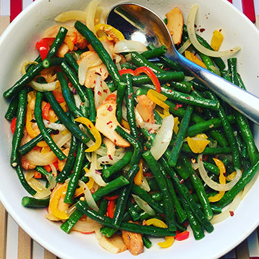 Image of Stir-Fried Chinese Long Beans with Mushrooms, Peppers and Ginger-Lemongrass Oil