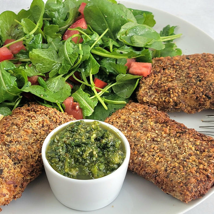 Image of Nut-Crusted Tofu Spears with Sauce Pistou and Arugula, Tomato and Watercress Salad