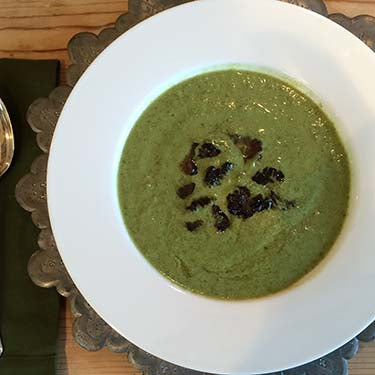 Image of Vegetarian Fresh Pea Soup with Roasted Morel Mushrooms