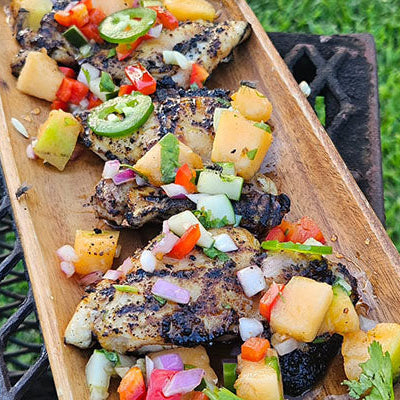 Grilled Jalapeno-Hot Honey Glazed Chicken with Orange Candy Melon Salsa