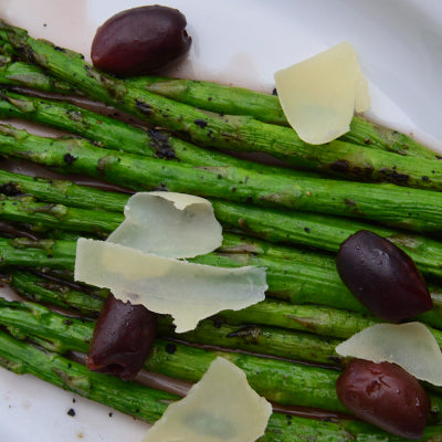 Image of Grilled Asparagus Salad with Truffle Oil and Wine Poached Olives