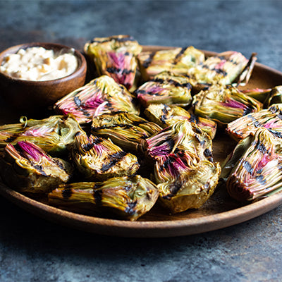 Image of Grilled Baby Purple Artichokes with Shredded Parmesan Chipotle Aioli
