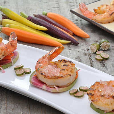Watermelon Radish Crostini with Grilled Shrimp and Finger Lime Citrus Caviar