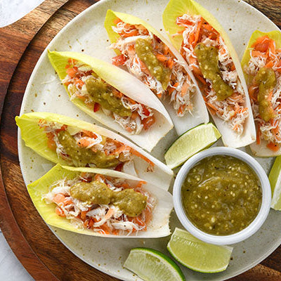 Crab & Veggie Sweet Pepper "Endive" Canapés with  Tomatillo-Hatch Chile Salsa