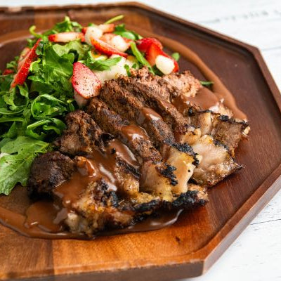 Image of Grilled Bone-In Rib Eye Steaks with Strawberry-Chocolate-Oaxaca Chile Sauce & Strawberry-Butterscotch Pear Side Salad