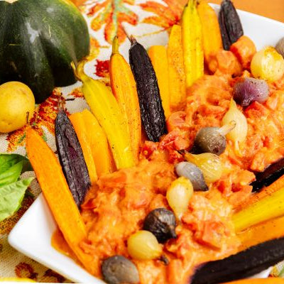 Roasted Rainbow Carrots, Butternut Squash and Pearl Onions with  Vodka Cream Sauce