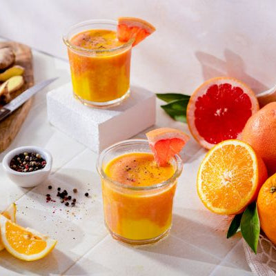 Fresh citrus immunity shot recipe with orange, grapefruit, lemon, and ginger in small glasses