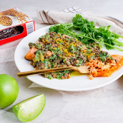 Broiled Salmon with Roasted Salsa Verde & Lentils