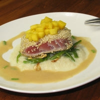 Image of Quinoa Crusted Ahi Tuna with Celery Root Purée, Haricot Vert & Celery Root Sticks, Soy Beurre Blanc Sauce and Nuoc Cham Marinated Mango Quinoa