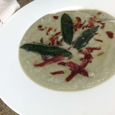 Image of Cream of Artichoke Soup with Crispy Smoked Prosciutto and Fried Sage