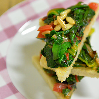 Image of Bruschetta with Swiss Chard, Pine Nuts and Currants