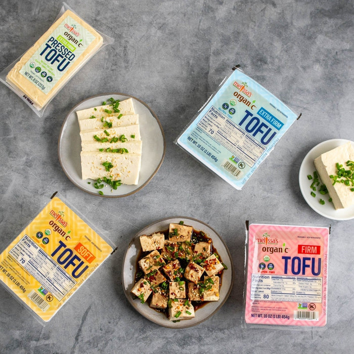 Tofu products from Melissa's arranged in grey background