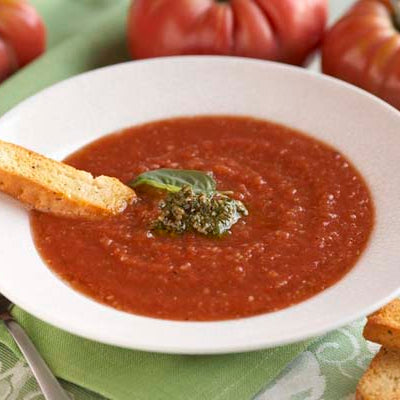 Image of Chilled Brandywine Tomato Soup with Pesto