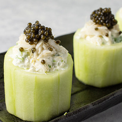 Image of Grilled Corn and Crab Stuffed Cucumber Cups with Caviar