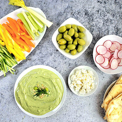 Fava Bean and Pumpkin Seed Dip with Crudities and Grilled Flatbread