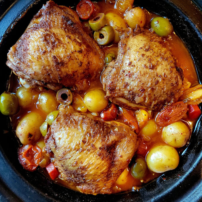 Chicken Tagine with Potatoes, Green Olives, and Honey