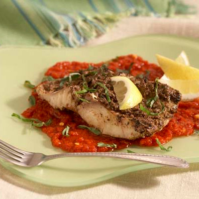 Grilled Fish with Pesto and Red Bell Pepper Puree