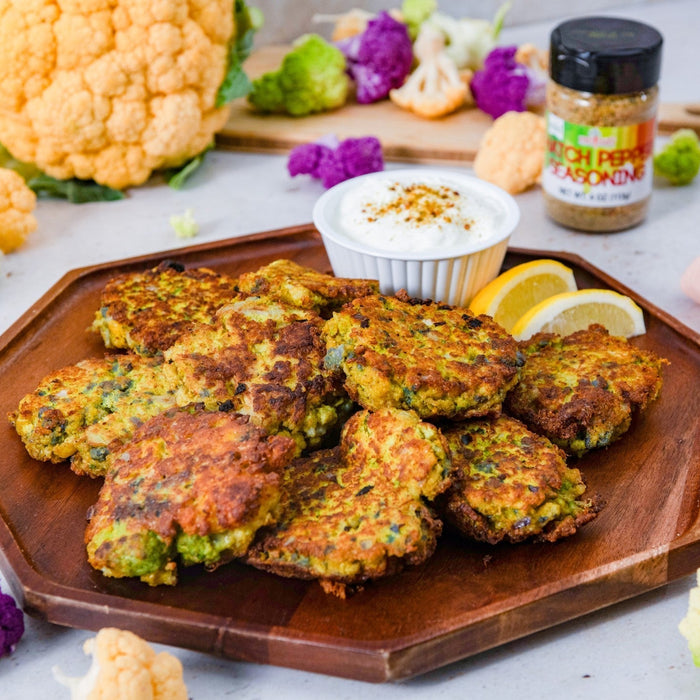 Colorful Cauliflower Fritters with Hatch Pepper Yogurt