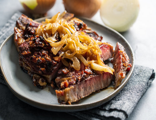 Image of Maple Bacon Crusted Rib Eye Steaks with Caramelized Hatch Sweet Onions