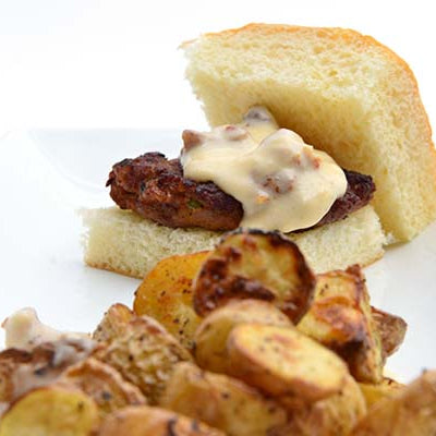 Image of Open Face Breakfast Sausage Sliders with Country Gravy and Roasted DYP's