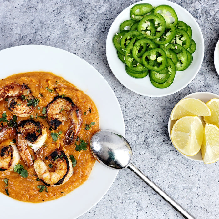 Image of Curried Sweet Potato Soup with Grilled Shrimp, Lime and Coconut