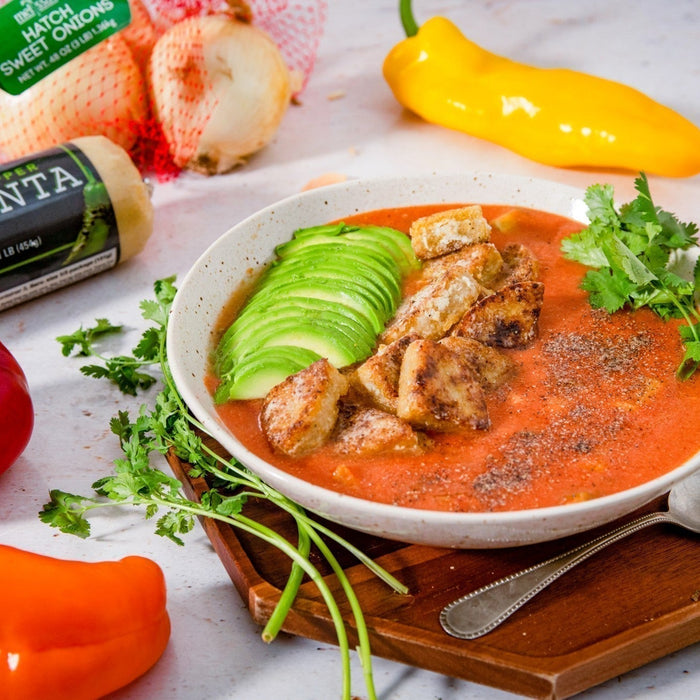 Hatch Pepper Gazpacho with Hatch Pepper Polenta Croutons