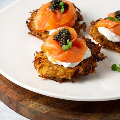 Image of Potato Latkes with Smoked Salmon and Caviar