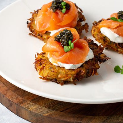 Image of Potato Latkes with Smoked Salmon and Caviar