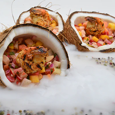 Image of Quick Crack Coconut with Grilled Shrimp and Spicy Tropical Fruit Salsa