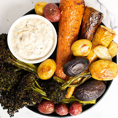 Image of Roasted Vegetables with Black Garlic Herbed Feta Dip