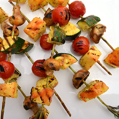 Image of Rosemary Skewered Summer Vegetables with Red Tamarillo Mango BBQ Sauce